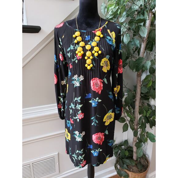 Old Navy Sheath Dress Women's Size Medium Black Floral Slit Sleeve Round Neck - Picture 1 of 14